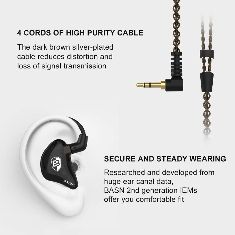 BASN in Ear Monitor Headphones for Musicians, Bsinger 2nd Generation Sound Isolating Earphones with Dual Dynamic Drivers Detachable MMCX Cable (Black)â€¦ - Image 3